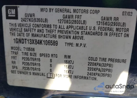 2004 Chevrolet Blazer Ls from USA, damaged, VIN 1GNDT13X84K106589